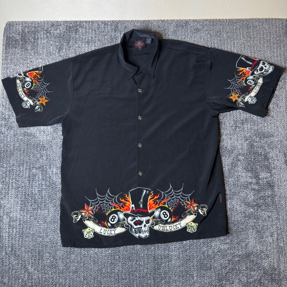 Dragonfly Roadhouse Mens XXL Black Skull 8 Ball Lucky Unlucky Button Down Shirt